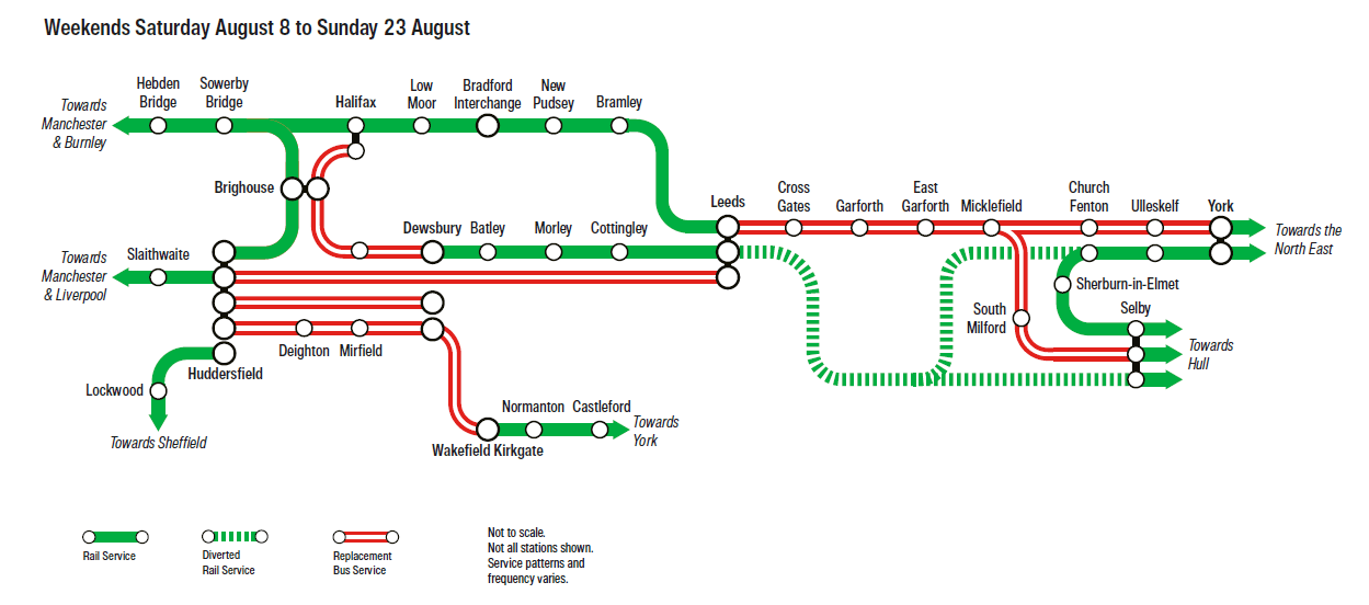 Map of the engineering work weekends from August 8 to 23