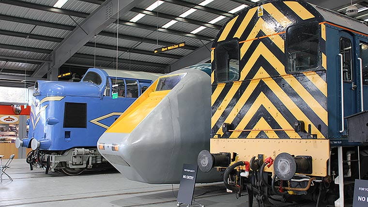 Trains on display at the Locomotion Museum